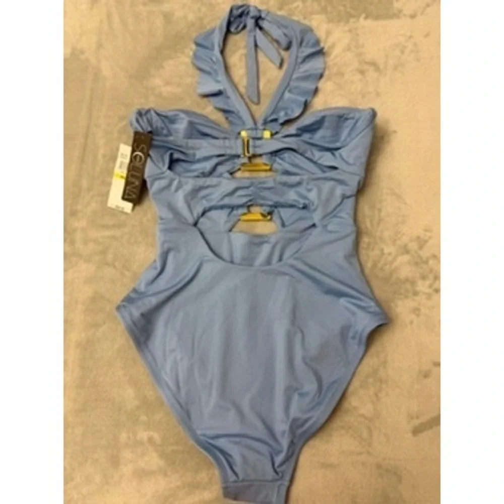 NWT Soluna One Piece Swimsuit Women Blue Ruffle Cutout Gold Hardware $98 Medium